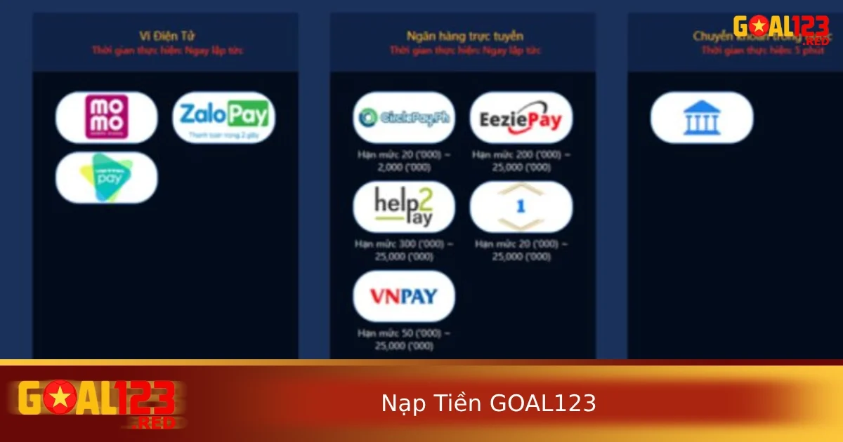 Nạp Tiền GOAL123 – Giao Dịch An Toàn, Xử Lý Nhanh Trong Vài Phút 1 Một số phương thức nạp tiền Goal123 phổ biến nhất hiện nay